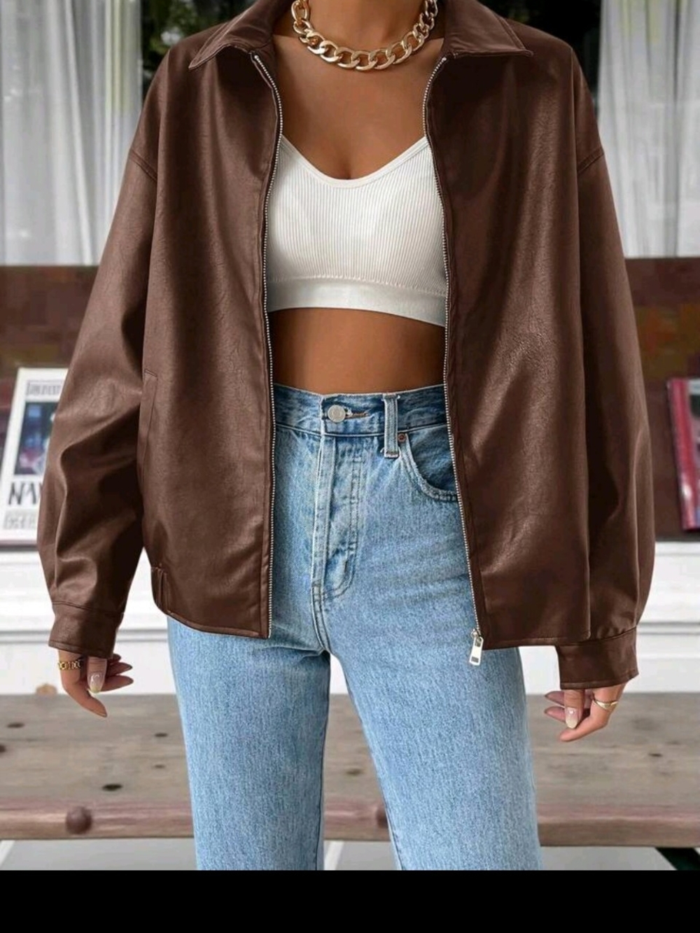 SHEIN Brown Faux Leather Zip Bomber Jacket